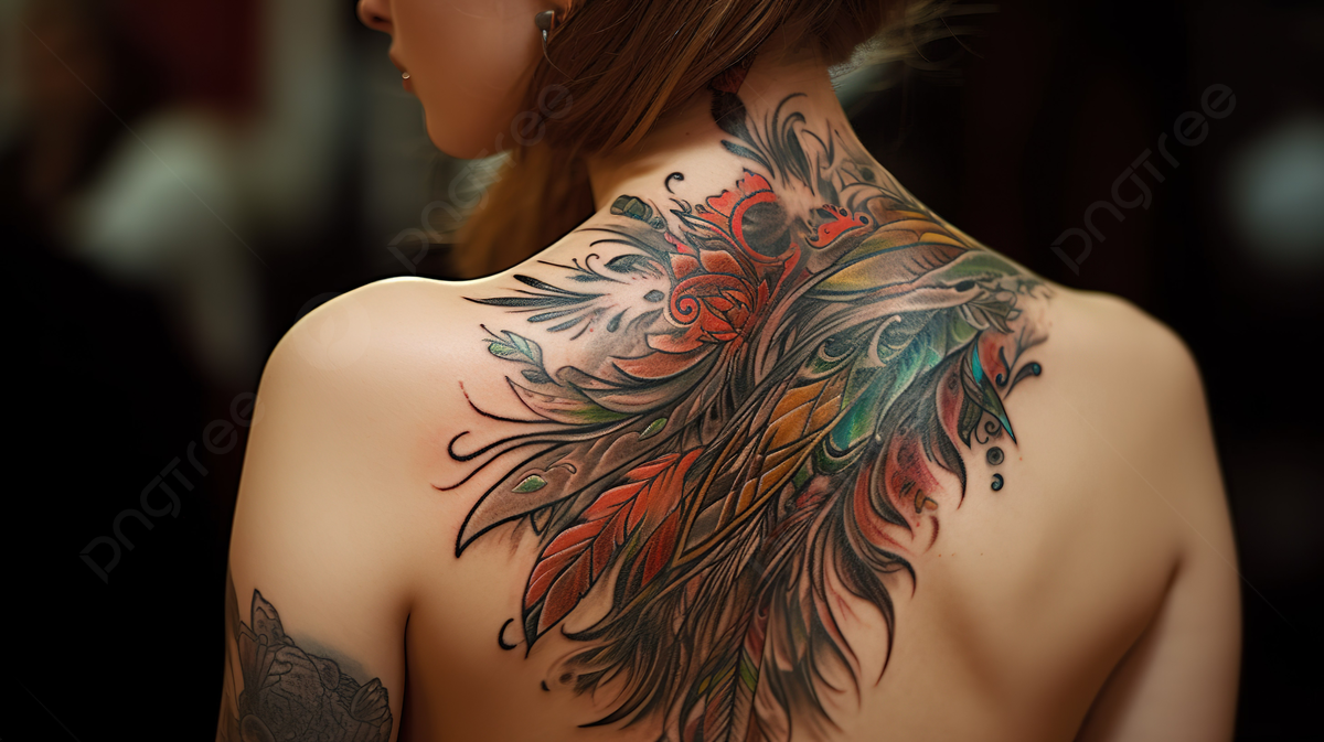 colorful tattoos on back of woman
