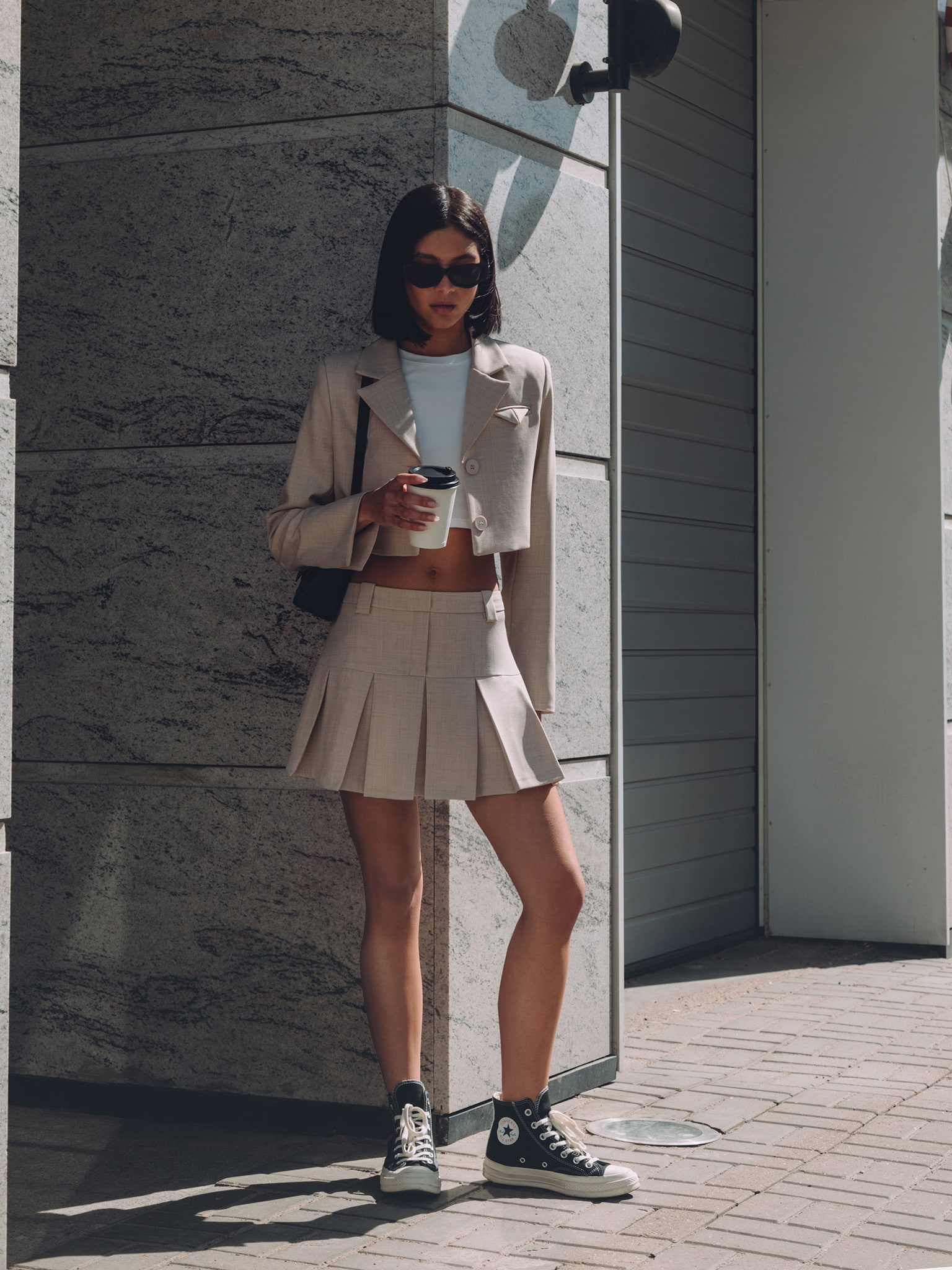 pleated skirt outfits with sneakers