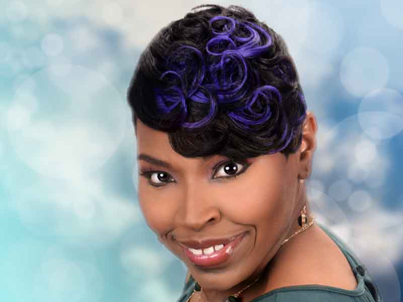 short black hair with cobalt blue highlights